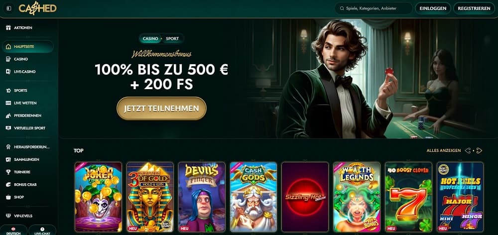 Cashed homepage screenshot. Wettanbieter ohne OASIS.