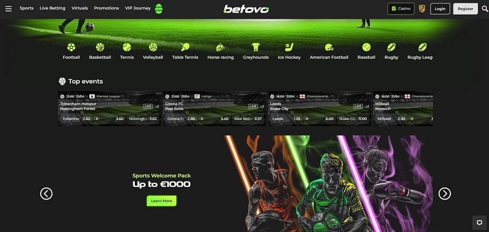 Screenshot der Betovo-Sportwetten-Startseite mit grünem Header, Symbolen für verschiedene Sportarten, bevorstehenden Spielen mit Quoten und einem Werbebanner für ein Willkommenspaket von 1000 €.